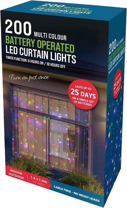 STERUN Battery Operated 200 LED Curtain Lights with IP44 Waterproof & 8 Function Memory Controller Ideal for Christmas Decoration