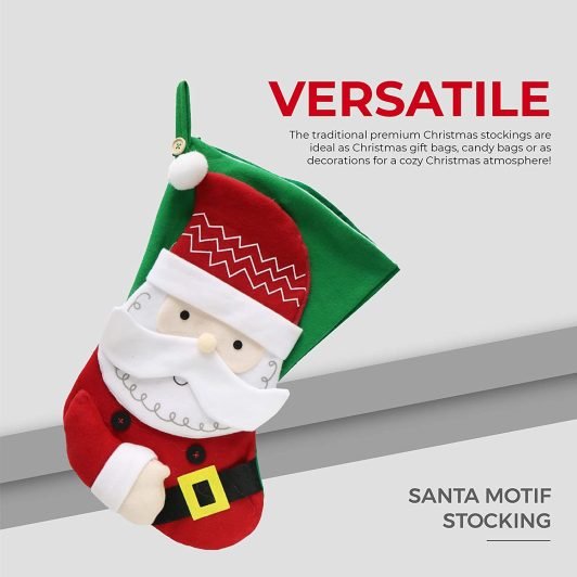 STERUN 48cm Santa Motif Green & Red Fleece Stocking With Half Felt Lining & Haning Loop Ideal For Gift Storage & Christmas Decoration