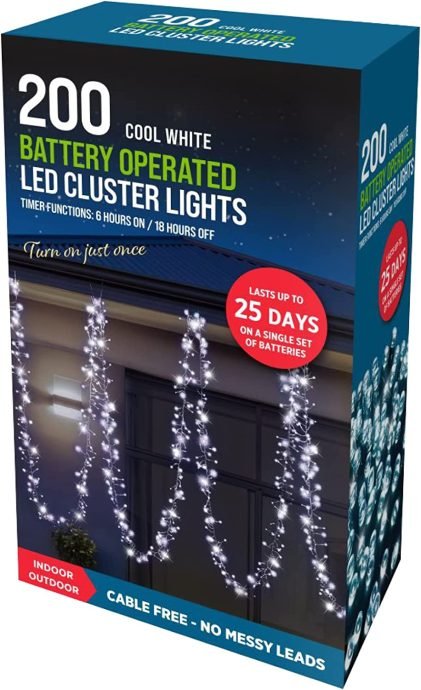 STERUN Battery Operated 200 Cluster LED Lights with Timer Function & IP44 Ideal for Christmas Decoration